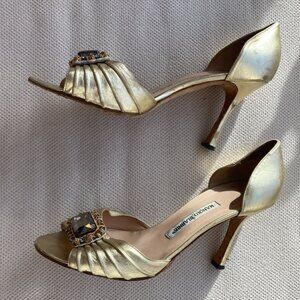 Manolo Blahnik Gold Jeweled Heels – Size 39 – Well Loved, Still Gorgeous